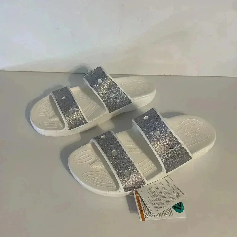 Crocs Classic Two Strap White Silver‎ Glitter Slide Sandals Shoes Men’s Size 12